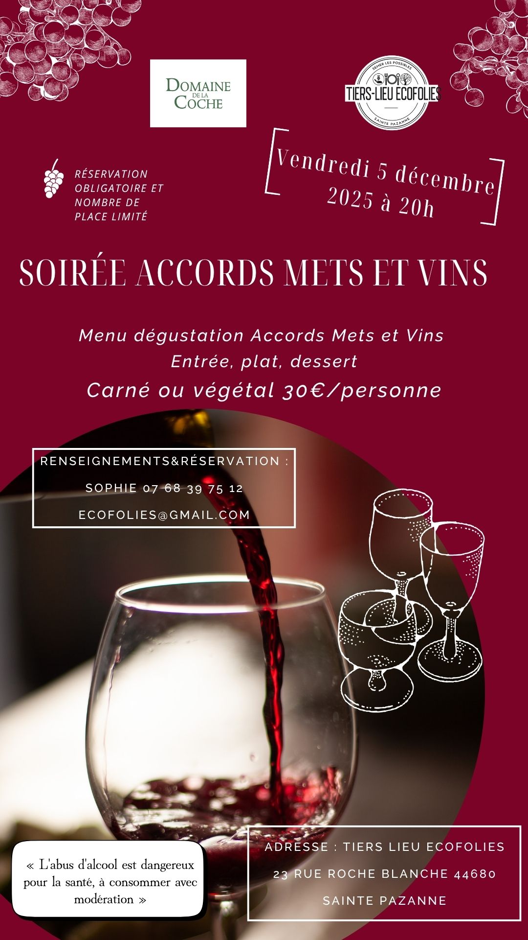 Inscrivez-vous à la soirée Mets et vins à la Ferme Ecofolies